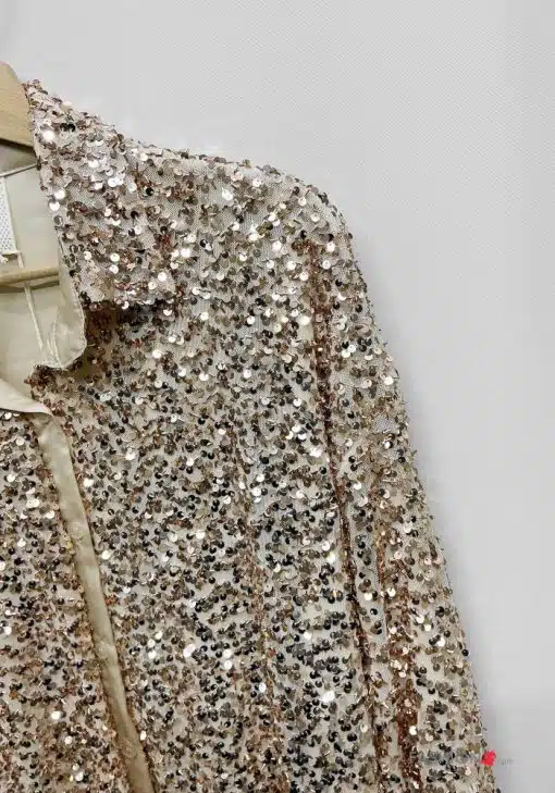 Entdecke deinen neuen Lieblingsstyle: Strahle im champagnerfarbenen Blazer mit gold-silbernen Pailletten an edlem Holzbügel.