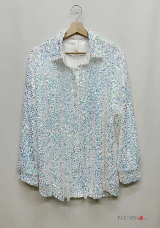 Erlebe, wie du im weißen Langarmshirt mit champagnerfarbenen Glitzer-Pailletten stilvoll jedes Event eroberst!.