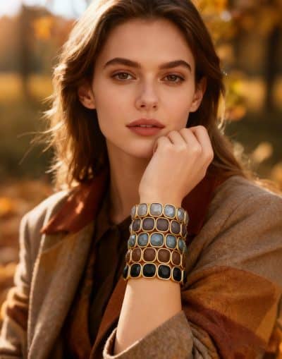 Tauche ein in den Herbst: Du trägst einen braunen Mantel und setzt mit einem eckigen Statement-Armband moderne Akzente.