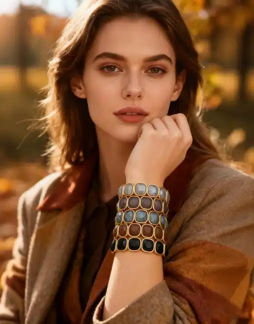 Tauche ein in den Herbst: Du trägst einen braunen Mantel und setzt mit einem eckigen Statement-Armband moderne Akzente.