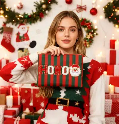 Du trägst einen festlichen Pullover, hältst die HOHO Beauty Bag und genießt das weihnachtliche Ambiente voller Geschenke.