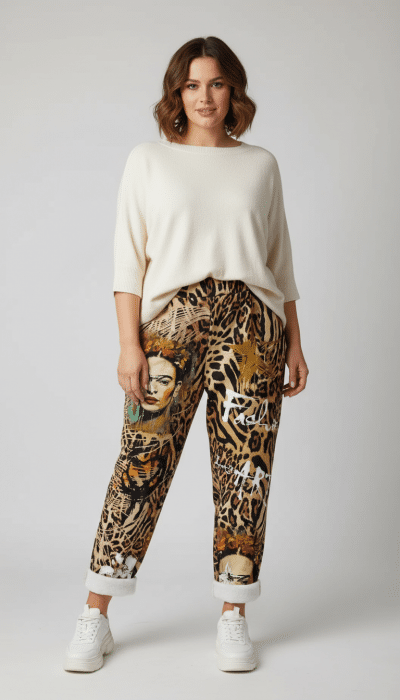 Entdecke deinen Stil: Trage den cremefarbenen Pullover und die Artistic Safari Fashion Pants mit Frida Kahlo Print - modern & einzigartig!.