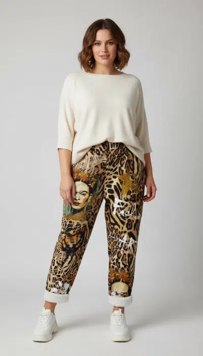 Entdecke deinen Stil: Trage den cremefarbenen Pullover und die Artistic Safari Fashion Pants mit Frida Kahlo Print - modern & einzigartig!.