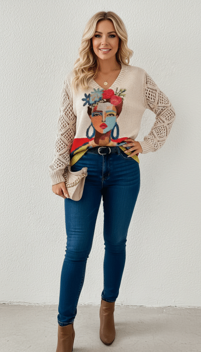 Setze ein Statement: Du rockst Jeans und Boots, trägst den Muse of Colors Pullover mit seinem knalligen Face-Design und eine beige Clutch.