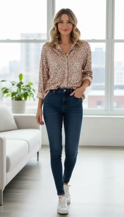 Entdecke deinen modernen Look: Du strahlst im Glanzmomente Bluse, kombiniert mit dunkler Jeans und weißen Sneakern.