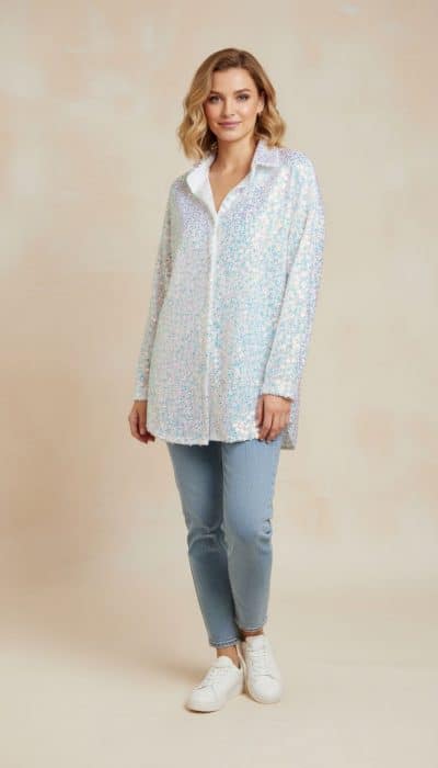 Strahle im modernen Look: Mit der Glanzmomente Bluse, hellblauen Jeans und weißen Sneakern vor edlem Beigeton.