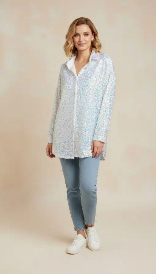 Strahle im modernen Look: Mit der Glanzmomente Bluse, hellblauen Jeans und weißen Sneakern vor edlem Beigeton.