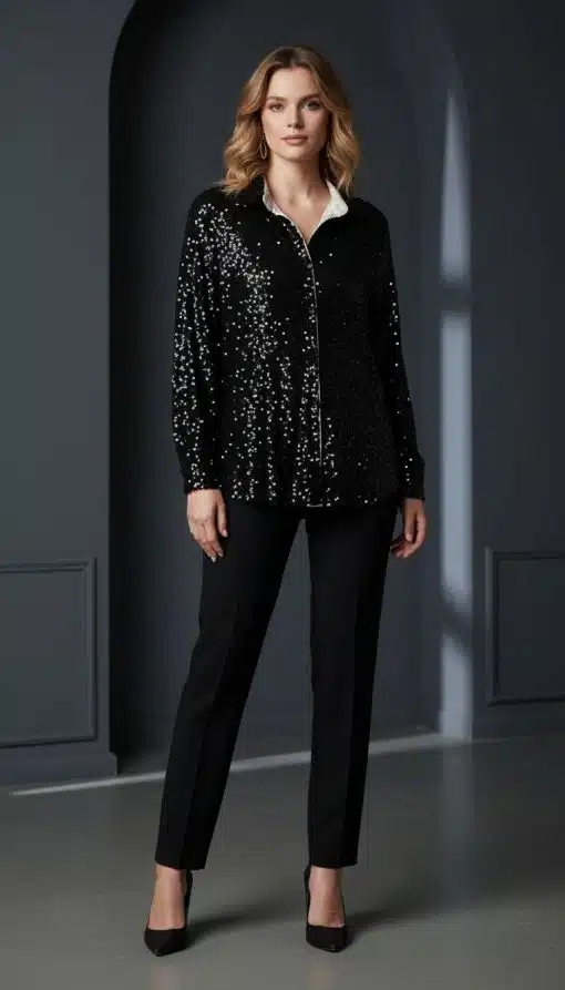 Du trägst die Glanzmomente Bluse, kombinierst sie mit schwarzen Pants und Heels - selbstbewusst in stilvollem Ambiente.