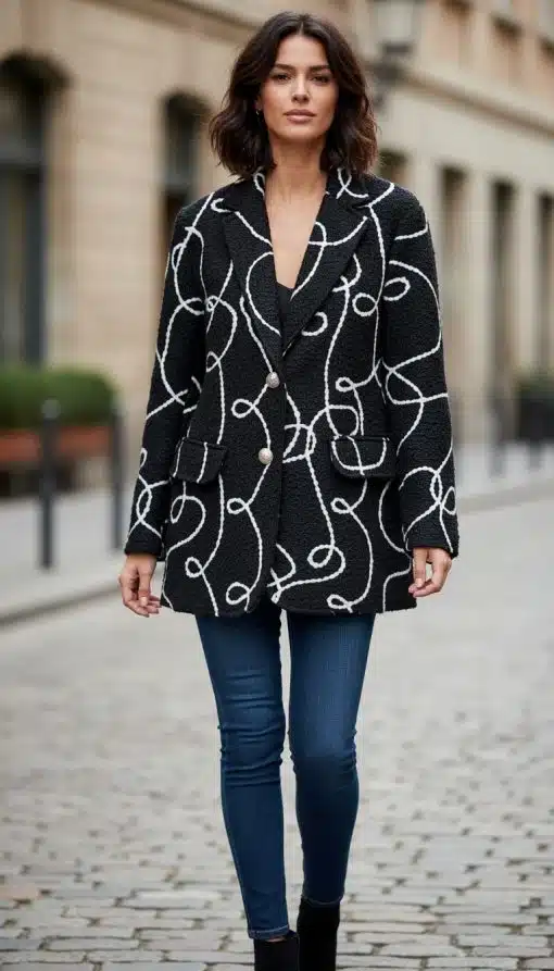 Trage den WoolLine Blazer mit weißem Swirl, kombiniert zu Jeans und schwarzen Boots - so setzt du trendsicher ein Statement in der City.