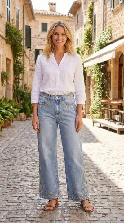 Du strahlst in deiner weißen Bluse und Jeans, schlenderst entspannt die charmante, pflanzenumrahmte Altstadtstraße entlang.