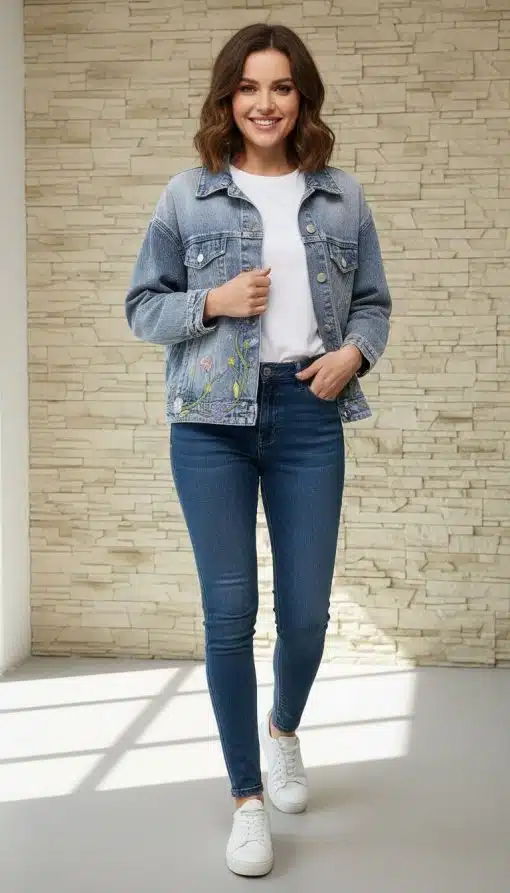 Erlebe deinen modernen Look: In der Denim Floral Dream Jeansjacke, weißem Shirt, Jeans und weißen Sneakern strahlst du pure Lebensfreude aus.