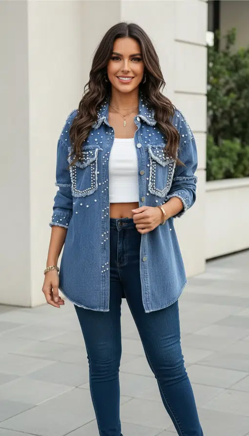Strahle im angesagten Jeansjacke Pearl Edition Look - mit funkelnden Perlensteinen, weißem Crop Top und Jeans für dein cooles Outdoor-Statement!.