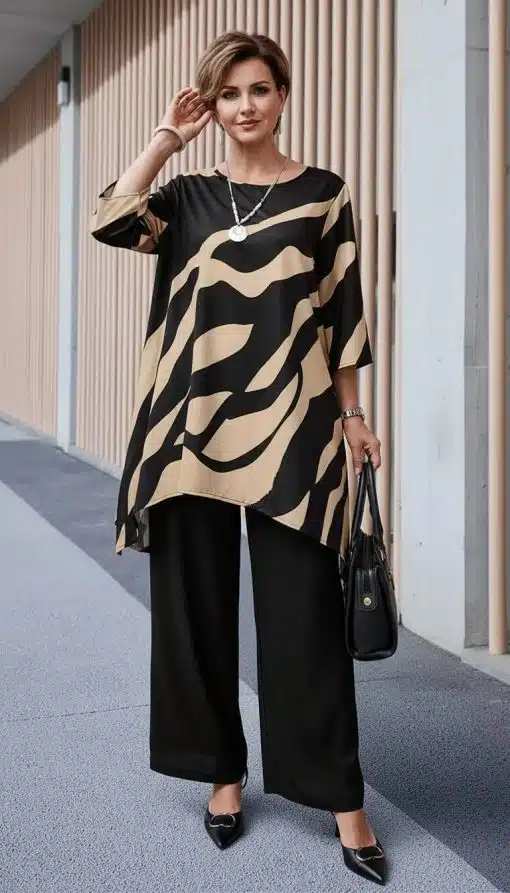 Entdecke deinen modernen Look: Du trägst ein lockeres, gemustertes Oberteil, stylische schwarze Hose und eine elegante Handtasche.
