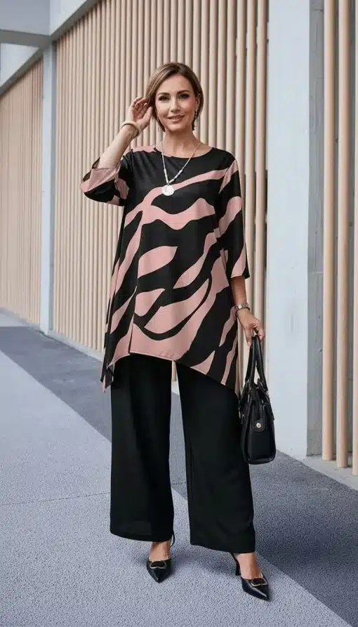 Strahle Selbstbewusstsein aus mit deinem lässigen, gemusterten Oberteil, schwarzen Hosen und der stylischen schwarzen Handtasche.