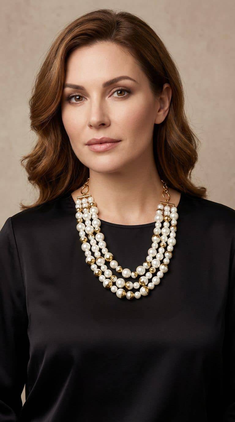 Elegantes La Belle Pearl Collier mit mehrreihigen Perlen und goldenen Akzenten an einer Frau.