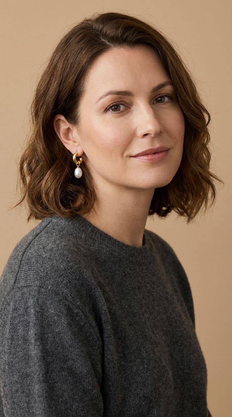 Luxe Curve Tropfen: Frau mit Perlenohrringen und grauem Pullover. Elegante Schmuckstücke für jeden Anlass.