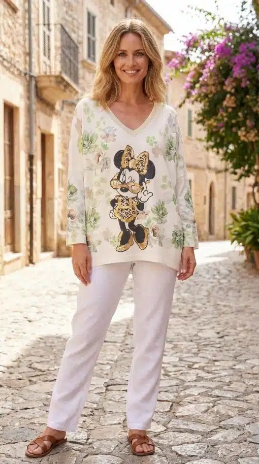 Strahle auf dem Kopfsteinpflaster mit weißen Hosen und dem Minnie Safari Chic Oversize Shirt - dein Look für moderne Abenteuer!.