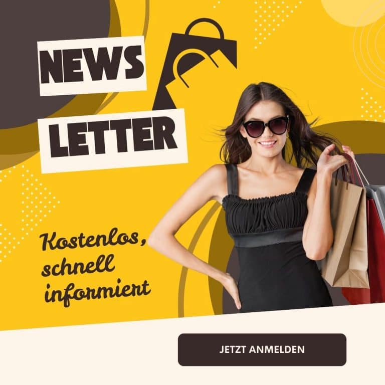 Hol dir den angesagten Look! Strahlende Frau, stylishe Taschen, "Newsletter"- jetzt anmelden für Fashion aus Italien & Spanien.