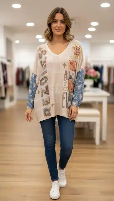 Erlebe deinen Style: Im Power of Love Oversize-Shirt, blauen Jeans und weißen Sneakern strahlst du im Boutique-Flair.