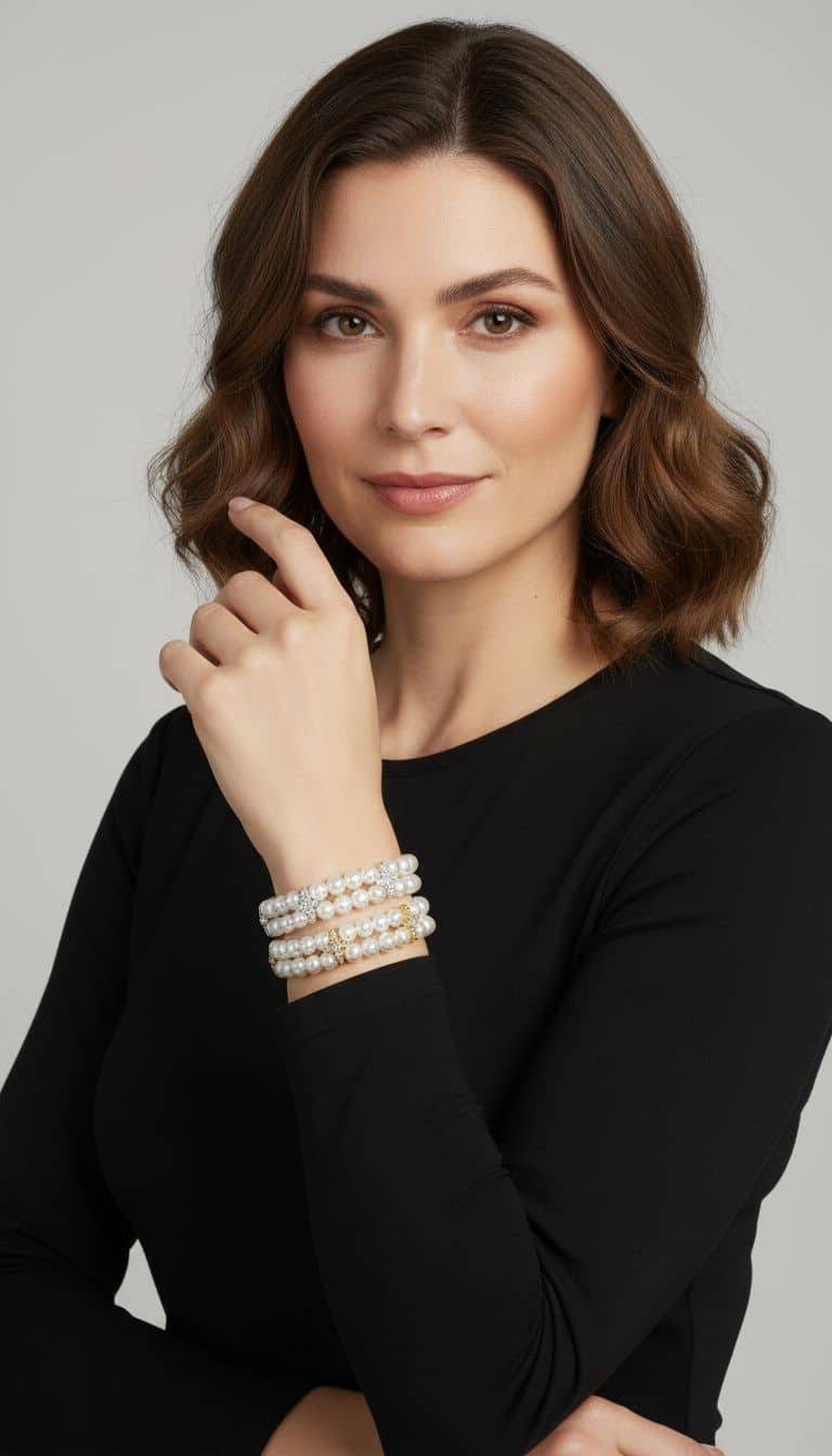 Entdecke deinen Look: Mit welligem, braunem Haar und schwarzem Top trägst du das Golden Cross Pearl Armband - einfach strahlend!.