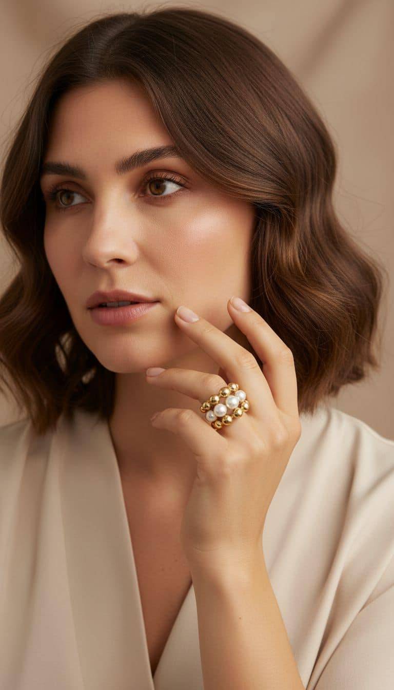 Perlenring: Goldener Ring mit Perlen auf der Hand einer Frau. Exklusiver Perlenschmuck.