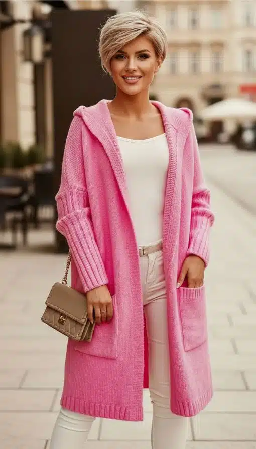 Zeige deinen modernen Stil mit dem langen pinken Simpla Live Cardigan und weißem Outfit - lächelnd draußen mit einer beigen Tasche.
