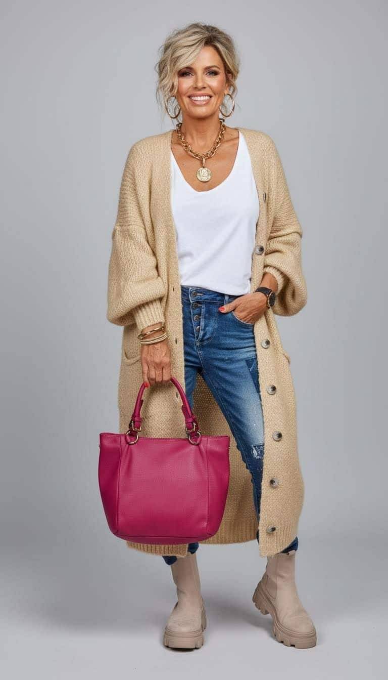 Love & Peace Cardigan: Frau im langen Strickmantel, Jeans, pinke Tasche und Stiefel. Plus Size Mode.