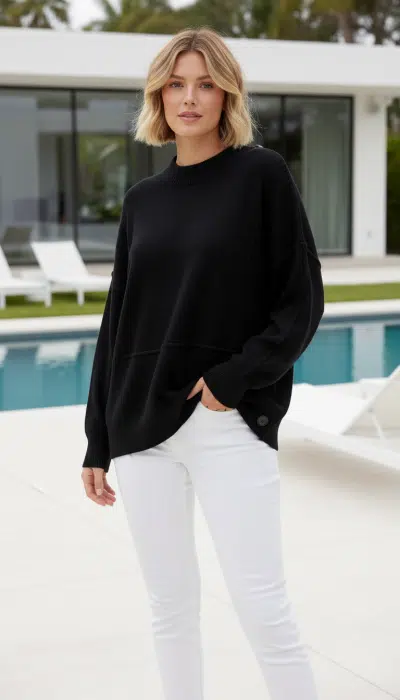 Entdecke deinen neuen Look: Im Pure Ease Pullover und weißen Hosen strahlst du am modernen Pool mit stilvollen Lounge Chairs.