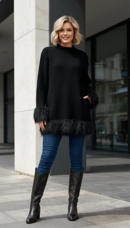 Erlebe deinen Style neu: Im Pure Ease Pullover mit Fellbesatz, Blue Jeans und Boots strahlst du moderne, lässige Eleganz aus.