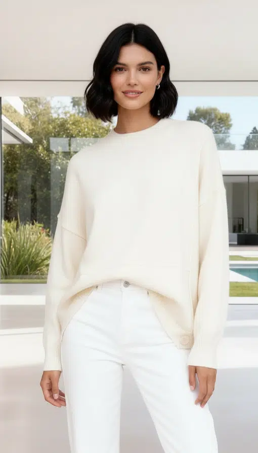 Erlebe pure Leichtigkeit: Du trägst den Pure Ease Pullover in Creme und weißen Hosen - moderne Eleganz vor Garten-Panorama.