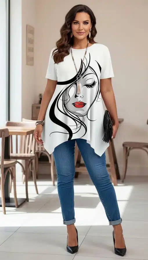 Entdecke deinen Style: In Jeans und Heels mit weißem Top im angesagten Face-Design setzt du ein Statement im hellen Raum.