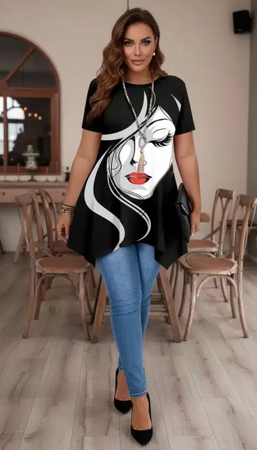 Setze ein modisches Statement: Du trägst eine schwarze Tunika mit Face-Print, Jeans und Heels - perfekt im stylischen Ambiente.