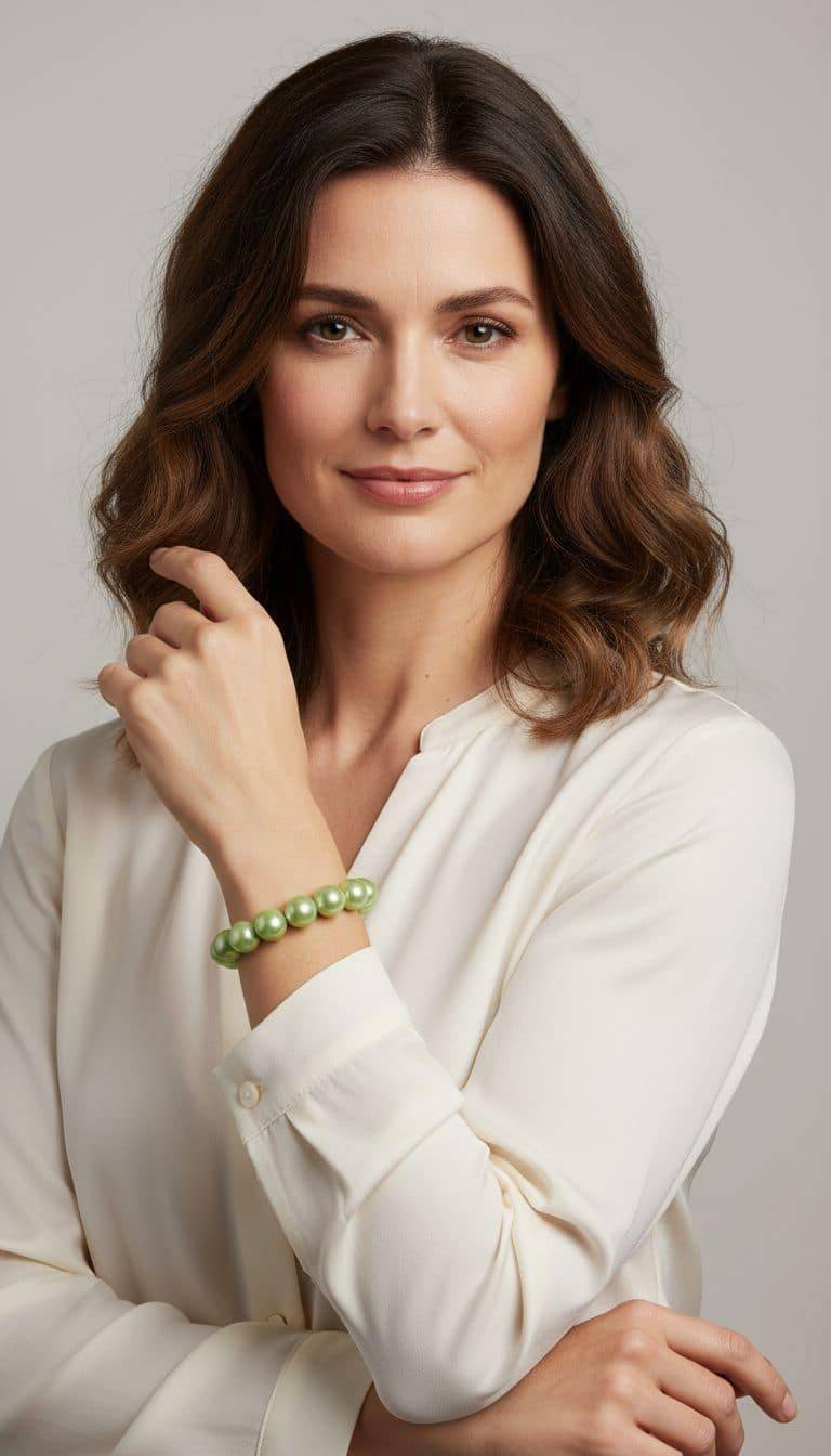 Frau mit Traumperlen Armband. Grünes Perlenarmband am Handgelenk einer eleganten Frau. Schönes Schmuckstück.