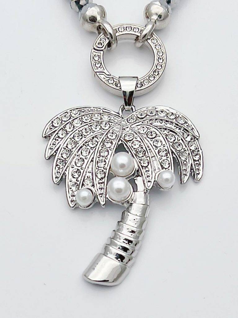 Palmenzauber Anhänger: Silberne Palme mit Kristallen und Perlen. Wechsel Anhänger für Halsketten.