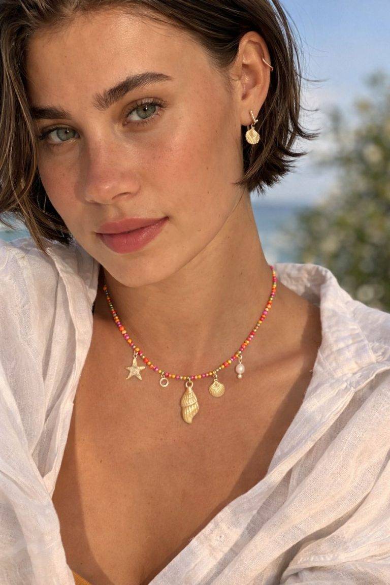 Eine Frau modelliert die Perlenkette Summer Muschel mit Muschel- und Sternanhängern, die perfekt für den Sommer ist; dazu gibt es einzigartige Muschelohrringe.