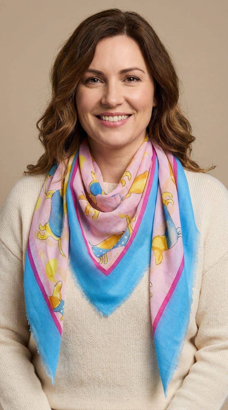 Frau mit Dackeltuch: Rosa Schal mit Dackelmotiven für Dackelträume. Das perfekte Accessoire für Dackelliebhaber.