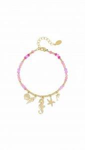 Meeresbewohner Armband mit Muscheln, Seepferdchen, Seestern und Delfin Anhängern. Buntes Perlenarmband in Gold, Rosa und Lila.