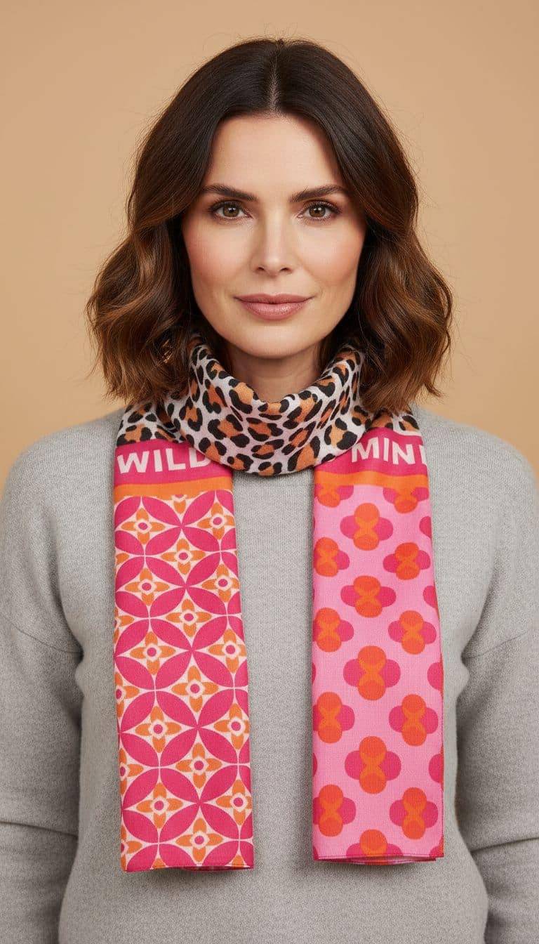 Mind Leo Schal Zwillingsherz: Frau mit trendigem Leo-Muster Schal. Pinke und orangefarbene Akzente. Modisches Accessoire.