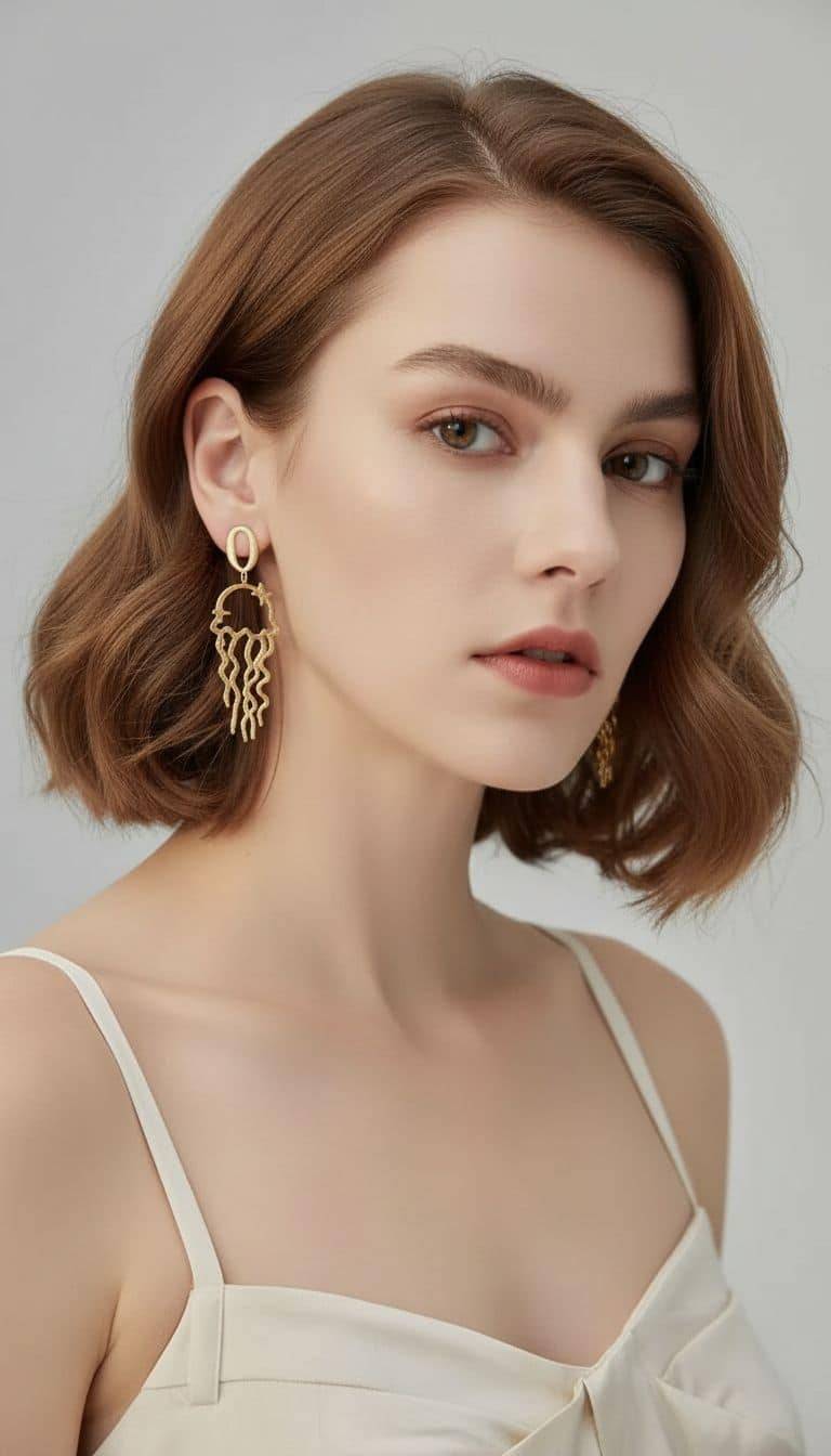 Ozean Magie Ohrstecker: Frau mit Quallen-Ohrringen. Elegante, goldene Ohrringe im Meeresthema. Schmuck für Damen.