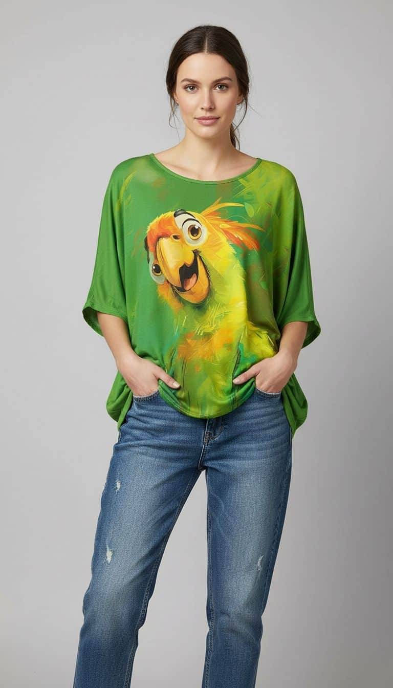Sonniges Papagei-Shirt: Grüne Tunika mit farbenfrohem Papagei-Motiv für einen fröhlichen Look.