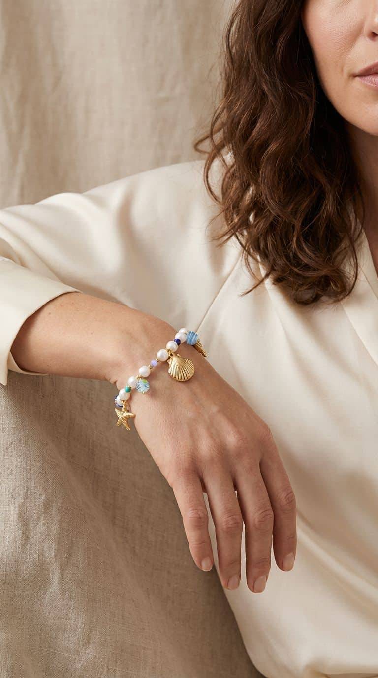 Turtle Dream Armband: Frau trägt Armband mit Muschel-, Seestern- und Perlenanhängern. Schmuck am Handgelenk.