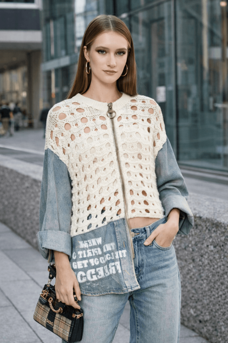 Extravagante Jacke: Gehäkeltes Oberteil, Jeansärmel, Reißverschluss. Modisch, urbaner Stil, einzigartiges Design.