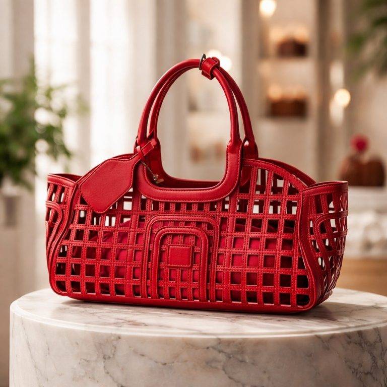 BreezeCarry Tasche, rote Designertasche mit Gittermuster, stilvolle Handtasche für Damen, hochwertige Ledertasche.