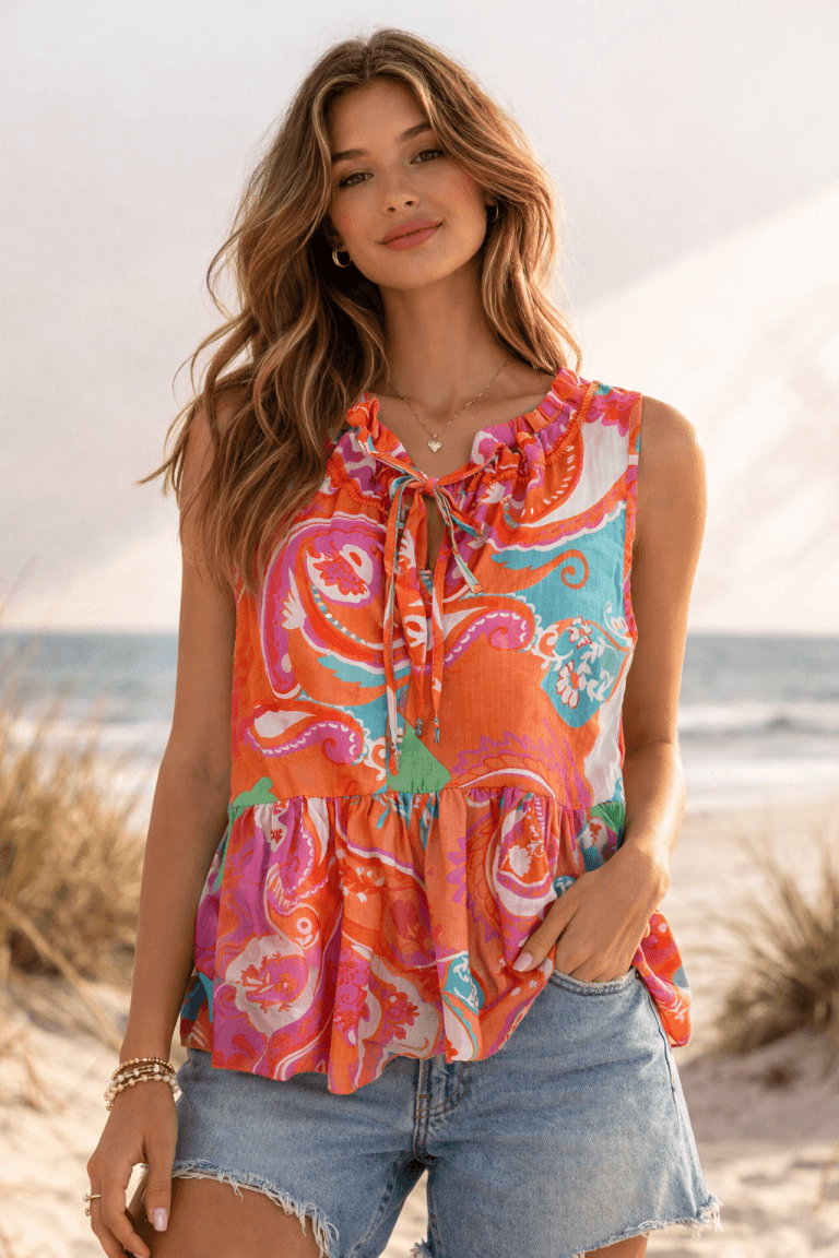 Frau trägt "Boho Sunrise" Bluse. Ärmelloses Top mit farbenfrohem Paisley-Muster, Rüschen und Bindebändern. Lässiger Sommerlook.