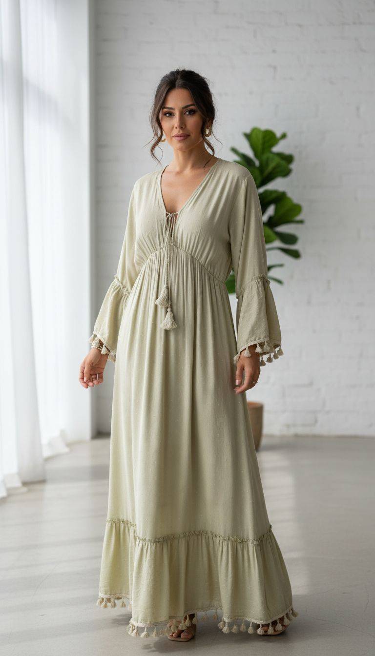 Ayla Boho Kleid: Elegantes, langes Kleid mit Quasten und weiten Ärmeln. Perfekt für einen entspannten, stilvollen Look.