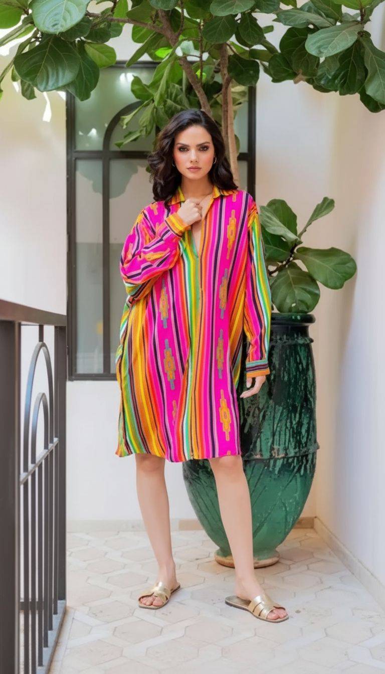 Lumière Perlen Tunika Kleid: Frau in bunter Tunika mit Perlen, modisch und stilvoll.