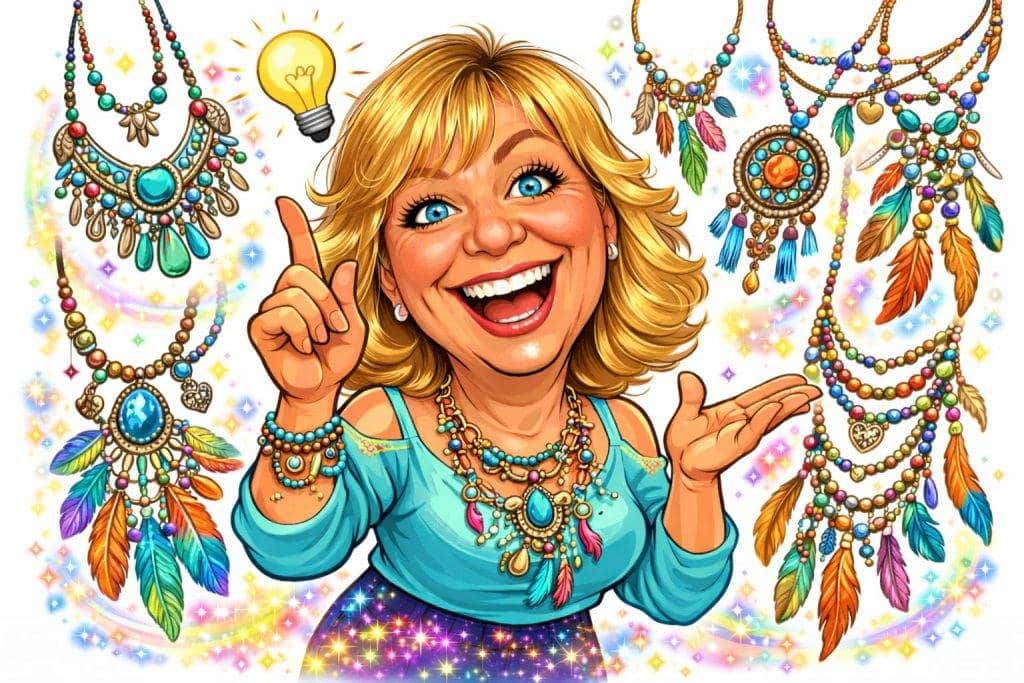 Boho Ketten Boho Ketten: Fröhliche Frau präsentiert bunte, handgefertigte Boho-Ketten. Trendige Mode für individuellen Stil.