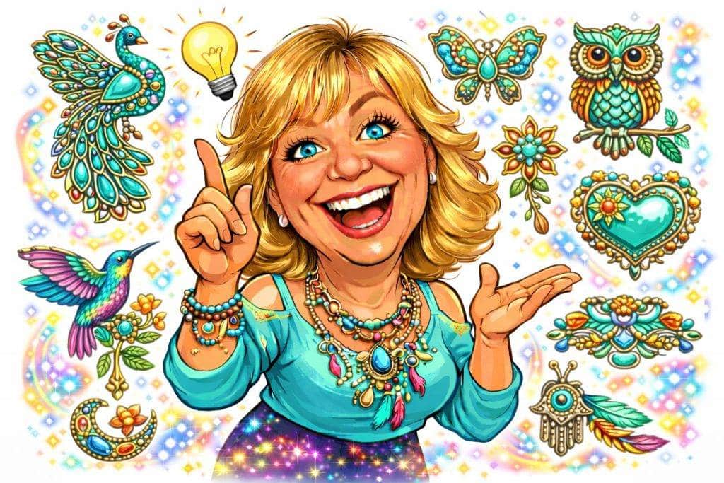 Broschen Frau mit Schmuck-Broschen: Pfau, Schmetterling, Eule, Kolibri, Herz. Modeschmuck und Accessoires, glitzernder Hintergrund.