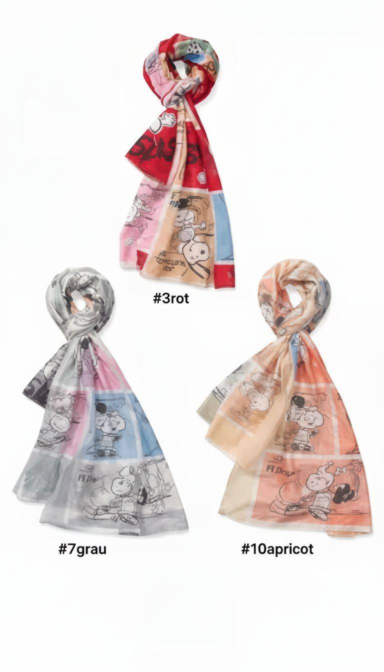 Comic Mood Schals in Rot, Grau und Apricot mit Snoopy-Motiven. Trendiger Accessoire für Damen, leichter Stoff.