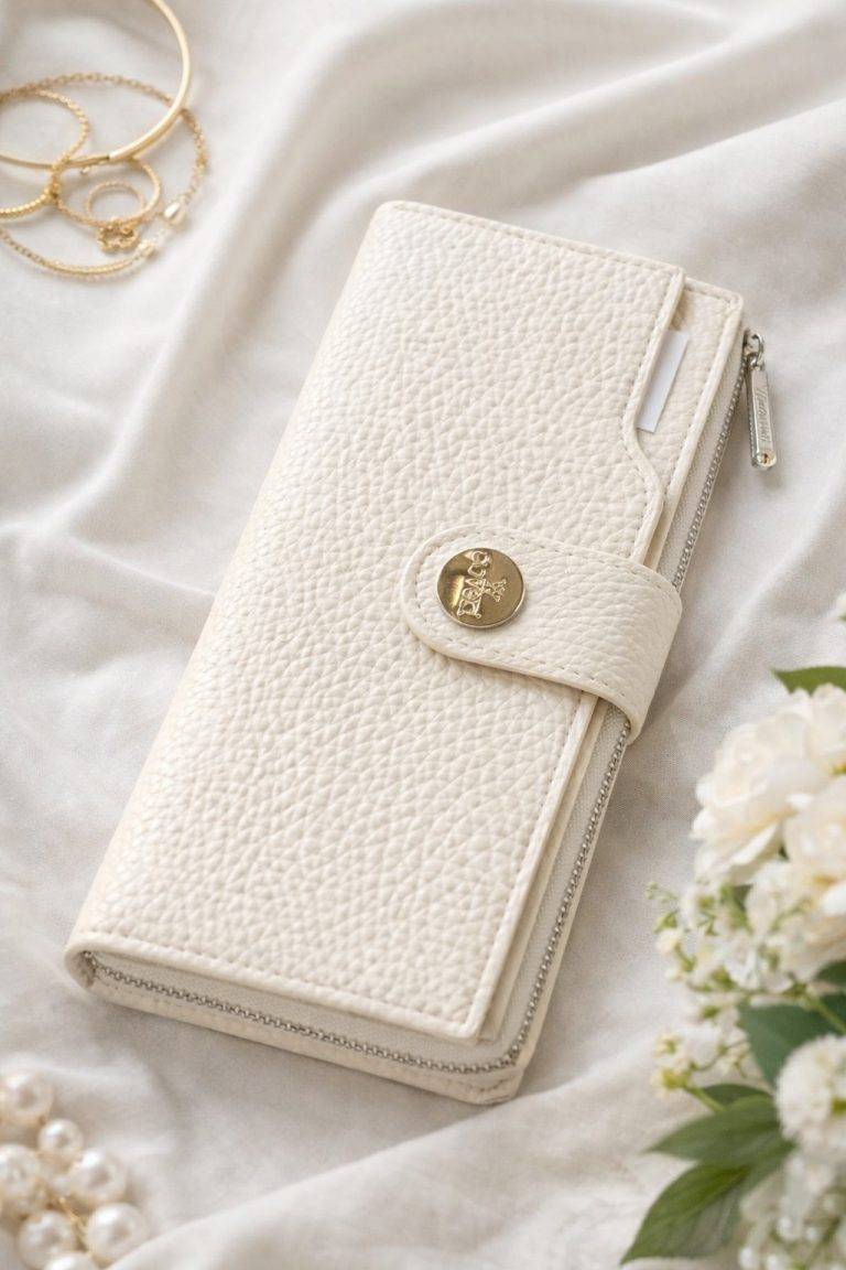 PurePocket Geldbörse Produktfoto: Elegante, weiße Damen Geldbörse mit goldenem Verschluss und Reißverschluss Detail.